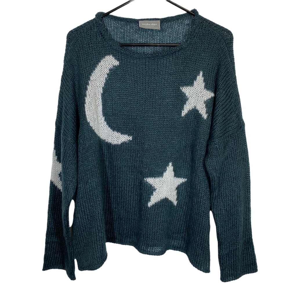 Wooden Ships Moon & Stars Ink Blue Grey Mohair Wool Blend Crew Neck Sweater M L